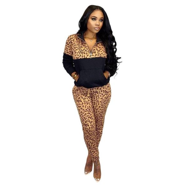 

fashion 2 piece set 2020 spring new patchwork casual suit leopard print long sleeve suit long pencil pants outfits tracksuit, White