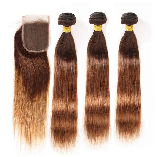 

#4/30 brown roots ombre straight brazilian human hair bundles with closure brown to medium auburn ombre 3bundles with 4x4 lace closure, Black;brown