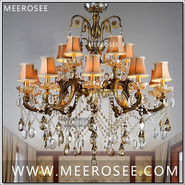 

big crystal chandelier light fixture antique brass large suspension lustres chandelier lamp with lampshade md8504-l15