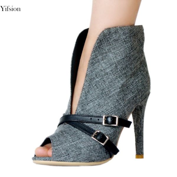 

rontic новые женские весенние ботильоны на шпильках высокий каблук пряжка ремень сапоги peep toe лаконичная офисная обувь женщины размер сша, Black