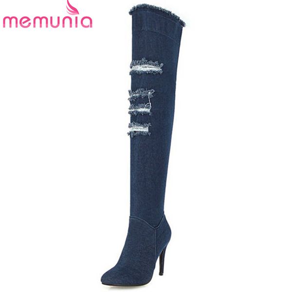 

memunia 2020 denim fashion thigh high boots round toe stiletto heels women boots autumn winter shoes woman, Black