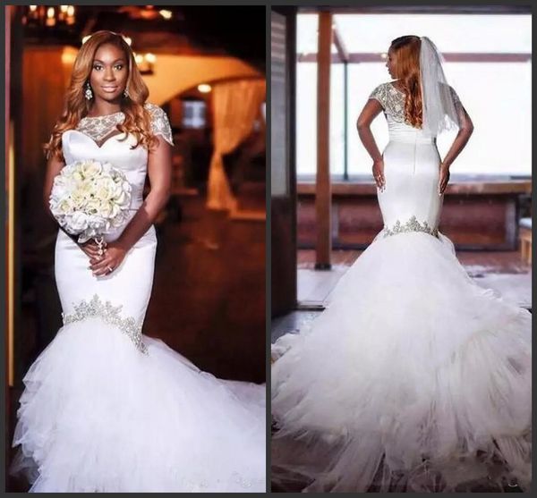 

2019 vintage lace floral long train mermaid beach wedding dresses custom made jewel neck full length fishtail bridal wedding gown plus size, White