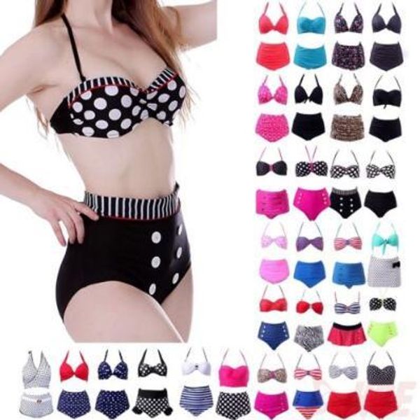 

19 styles cutest retro swimsuit vintage push up high waist bikini set polka dot button bikini outdoor swimwear 2pcs/set cca11566 500set