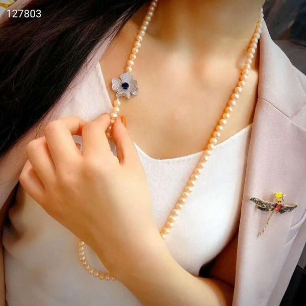 

hand knotted noble 7-8mm 90cm pink freshwater pearl micro inlay zircon flowers accessories necklace sweater chain, Silver