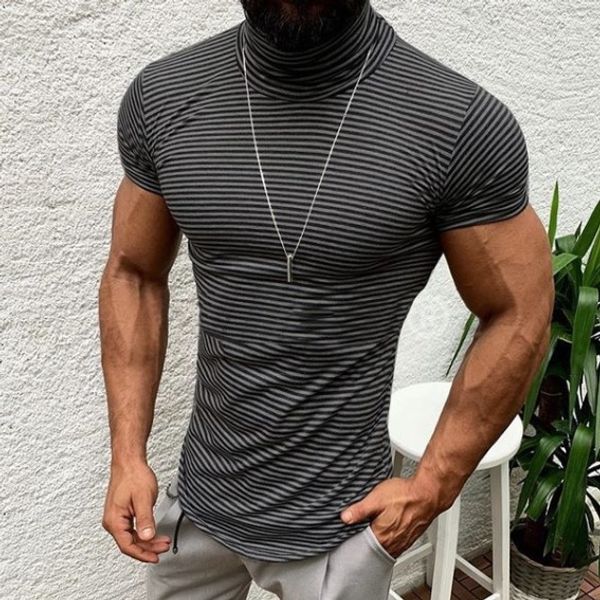 

Mens Striped Turtleneck Tshirts Summer Stylish Fashion Street Tees Short Sleeved Male Clothes