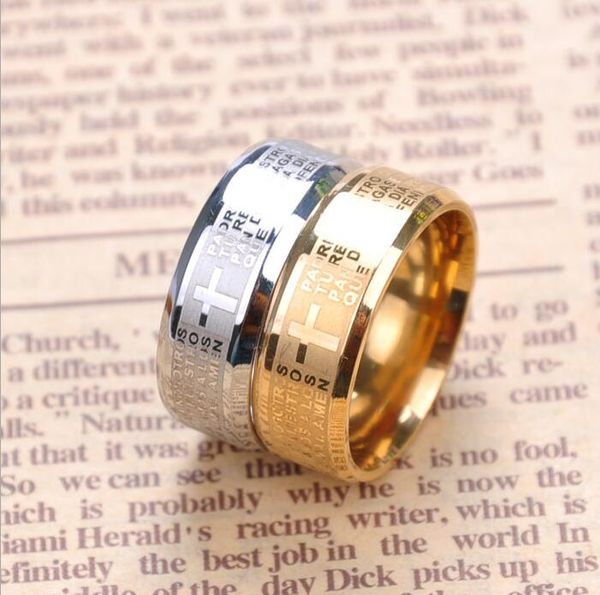 

8 мм мужская титана из нержавеющей стали библия палец кольца стих христианского господа молитва крест кольцо обручальные кольца лазерная гра, Silver