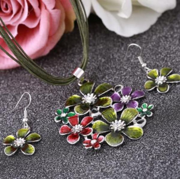 

fashion brand wedding jewelry sets green flower pendants necklaces multi-layers leather rope chain jewelry set for girls, Silver