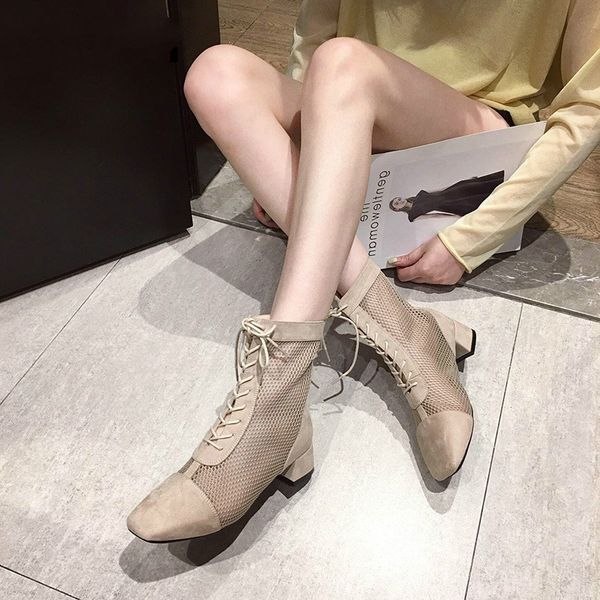 

lzj 2019 new women's cool boots spring and autumn fashion wild mesh face hollow cross straps ankle boots botas mujer invierno, Black