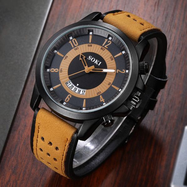 

soki luxury fashion brand men watch silica gel leather mens clock glass buckle quartz analog date wrist watches orologio uomo, Slivery;brown