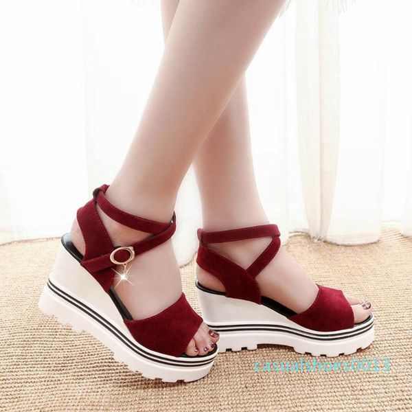 

women summer solid suede pumps platform wedge sandals roman wedges casual sandals fish mouth thick with high heel c13, Black