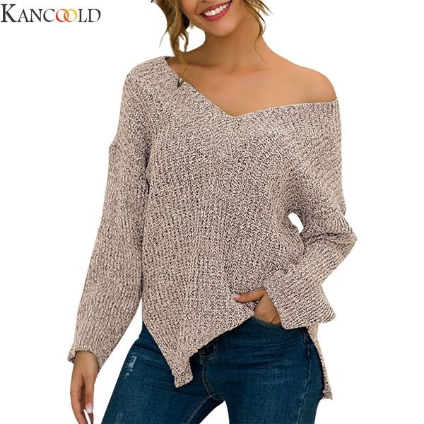

kancoold autumn winter women plus size solid v-neck long sleeve irregular pullover knit sweater jumper loose sweater, White;black