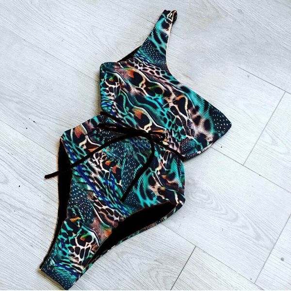 

2019 yellow blue snake one piece bodysuit swimsuit one shoulder swimwear female push up beach wear bathing swimming suits, Black;white
