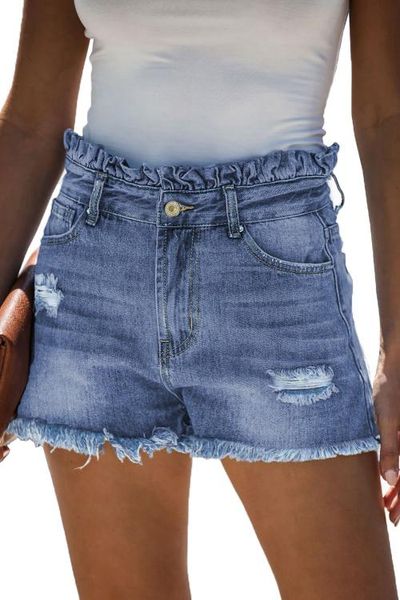 

sky blue/blue 2020 high rise ruffle waist denim shorts women high waisted short new femme push up skinny slim denim shorts