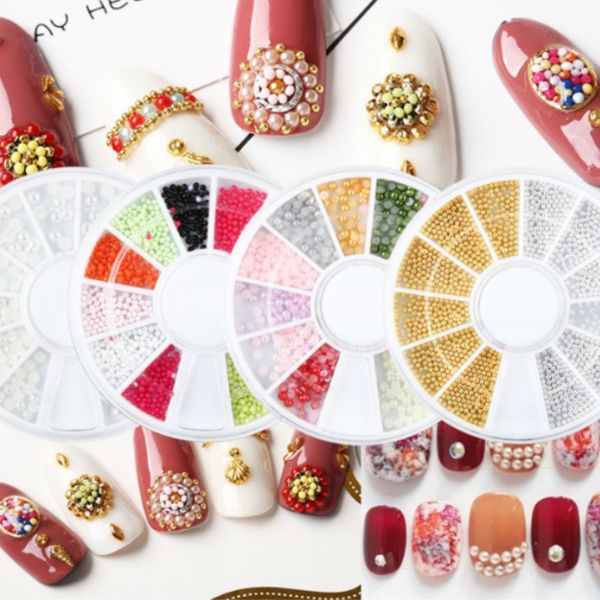 

nail jewelry milk white pearl bohemian nail sticker 12 grid mixed candy gold sliver small steel beads decoration, Silver;gold