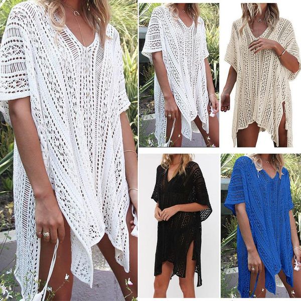 

2019 new beach cover up bikini crochet knitted tassel tie beachwear summer swimsuit cover up see-through beach dress, Blue;gray