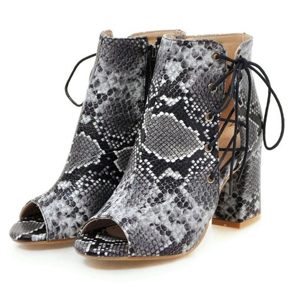 

fashion snake grain breathable open-toed lace up sandals light slippers women plus size snakeskin shoes woman sandalia feminina, Black