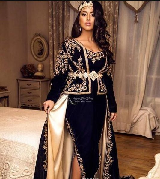 

2020 black arabic front split evening dresses gold lace v neck floor length long sleeves prom dresses mother dress formal party gown, Black;red