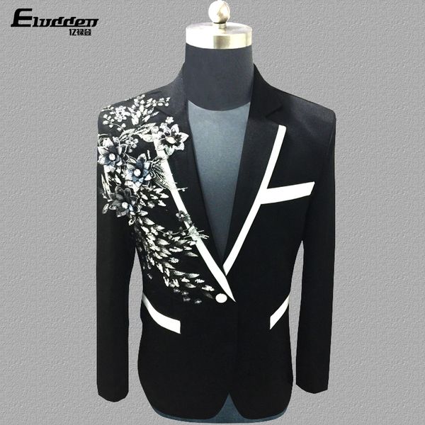 

male embroidered applique wedding blazer jacket fashion men's slim fit prom dress talicoat presenter stage performance costumes, White;black