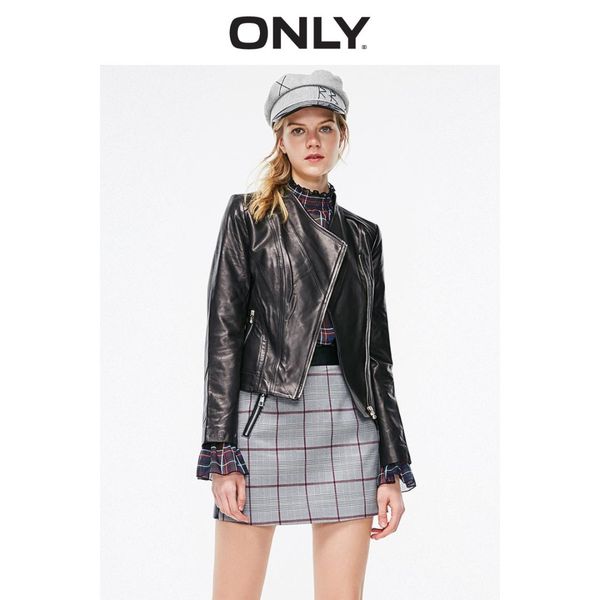

only autumn winter slim fit sheepskin cinched waist leather jacket | 119110502, Black