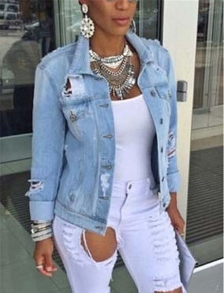 

women hole pocket jeans jackets plus size long sleeve female coat casual spring women outwear, Black;brown