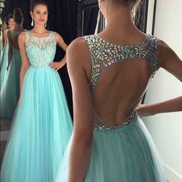 Sparkly Prom Dresses Sheer Jewel Neck Open Back Bunte Kristalle Licht Sky Blue Tüll Bodenlangen Abend Party Kleider Nach Maß