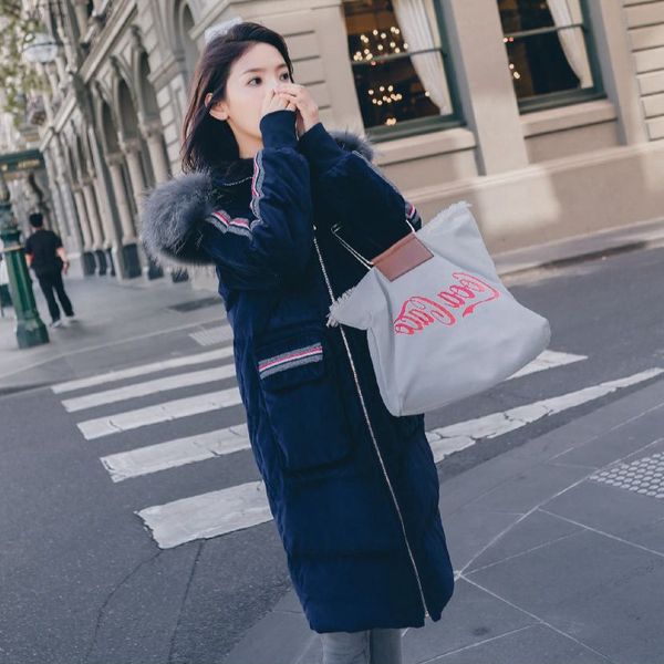 

p shoot contrast color webbing large fur collar hooded cotton-padded clothes women's chic textured dark blue velvet loose-fi, Blue;black
