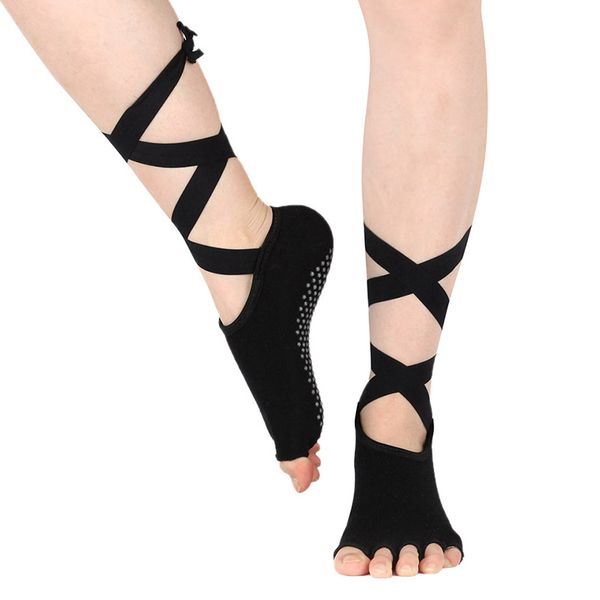 

1pair women cotton yoga socks straps half toe non slip skid sock for girl dance pilates ballet barre bikram workout grip socks, Black