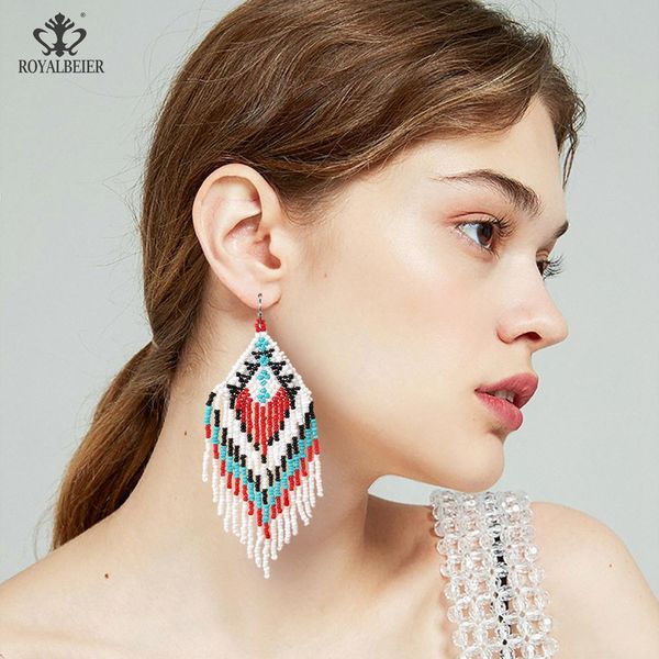

royalbeier female multicolor beads ethnic jewelry bohemian handmade beaded long tassel earrings for statement dangle earrings, Golden