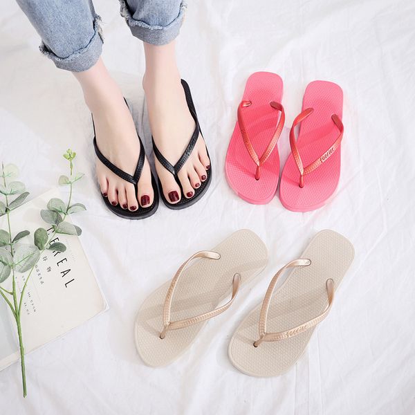 

solid color flip-flops women's summer fashion outer wear flat anti-slip beach flip-flop plywood sandals women's, Black