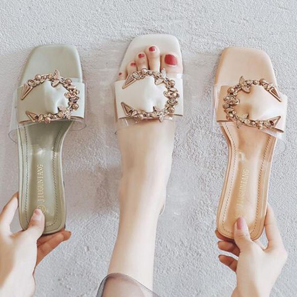 

transparent slippers mules slides summer women shoes metal decoration square low heels clear slippers ladies shoes woman xx54, Black