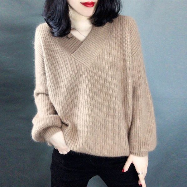 

mohair thick sweater loose casual lantern sleeves pullover women's solid color fashion v-neck long sleeve outwear, White;black