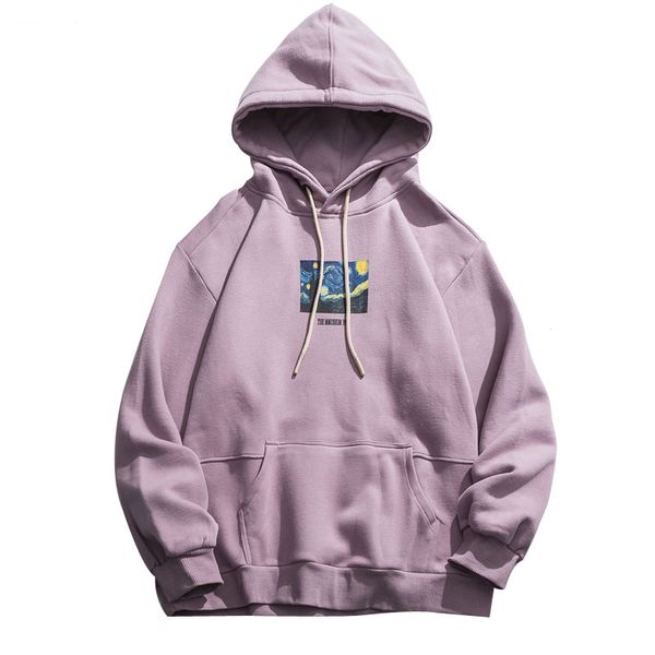 

mens van gogh starry night print fleece hoodies sweatshirts streetwear male hip hop pullover hooded male harajuku clothing, Black