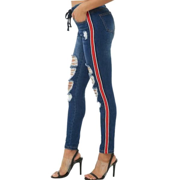 

women's stretch hole jeans women's low waist stretch slim side stripe pencil zipper pants 12.4, Blue