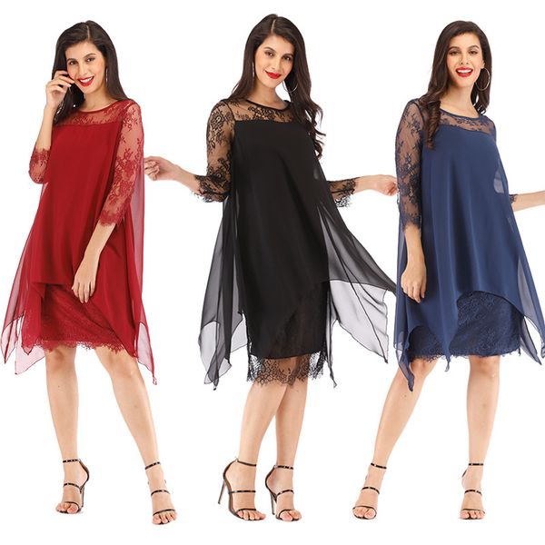 

spring and summer 2019 new products are designed for cross-border long lace stitching chiffon dress and knee sleeves