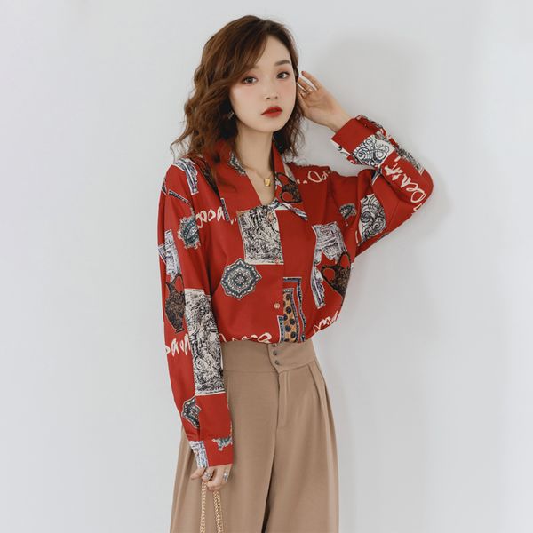 

printe lapel button blouse women red long sleeve roupa feminina loose plus size women 2019 fashion streetwear clothes, White