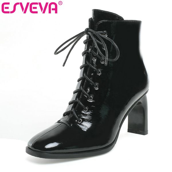 

esveva 2020 women shoes winter ankle boots pointed toe patent leather+pu high heel motorcycle platform boot size 34-43, Black