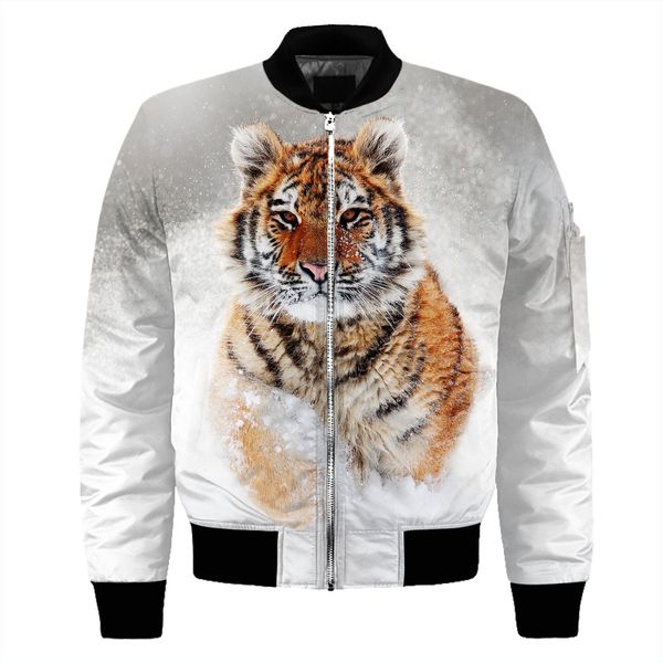 

2019 new arrival man bomber jacket siberian tiger in the snow forest over printed 3d digital coat us size, Black;brown