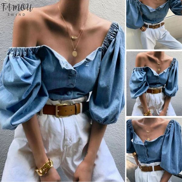 

2020 new fashion women off shoulder puff sleeve blouse 3 4 sleeve ladies blue denim blouse loose shirt, White