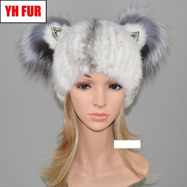 

2019 winter warm women knitted real caps natural real hats two sliver fur balls beanies hat, Blue;gray