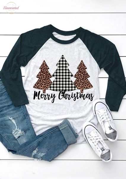 

2020 christmas women plaid leopard printed t shirt three quarter sleeve tees cute christmas tree ladies tee, White