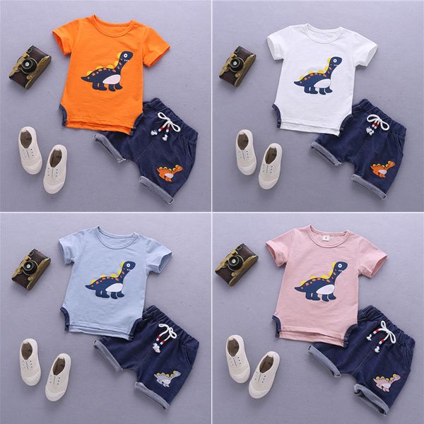 

4 colors kids clothes summer t-shirt + shorts 2 piece sets short sleeve dinosaur t-shirt denim shorts kids designer clothes dhl jy138, White