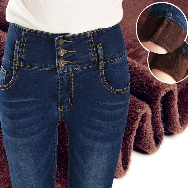 

high elastic waist jeans black warm thick velvet jeans plus size women winter slim stretch trousers with fleece, Blue