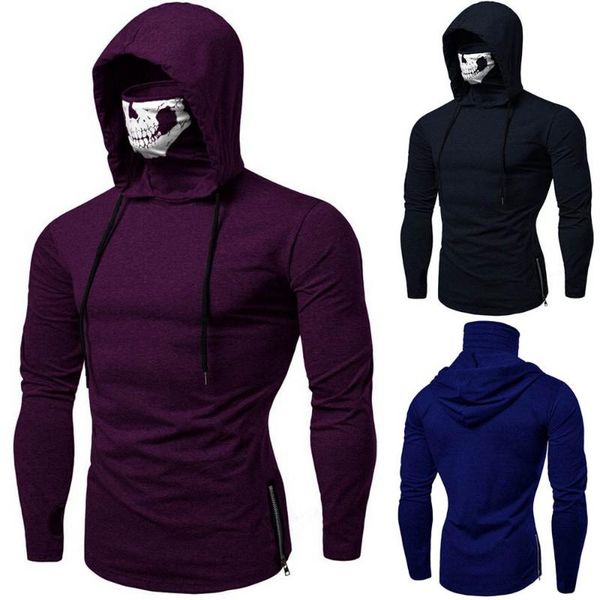 

mens sweatshirt hoodies mask skull pure color pullover long sleeve hooded sweatshirt blouse sudadera hombre mens hoodies, Black
