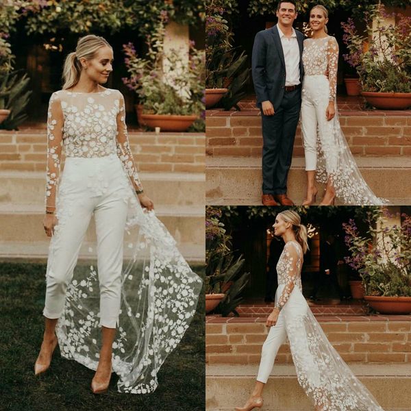 

пляж свадебные комбинезоны jewel шея кружева аппликация backless boho свадебное платье сшитое поезд стреловидности vestidos de novia, White