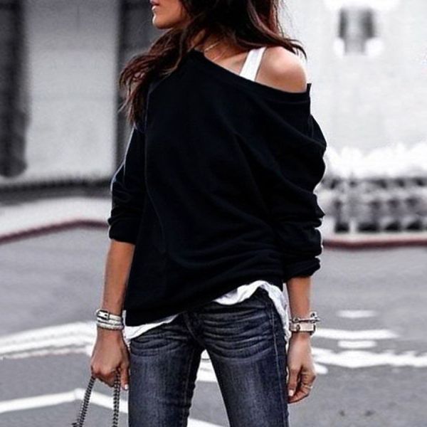 

monerffi 2018 new fashion women blouse casual one shoulder skew collar long sleeve solid cotton shirt tunic blusas mujer xl, Black