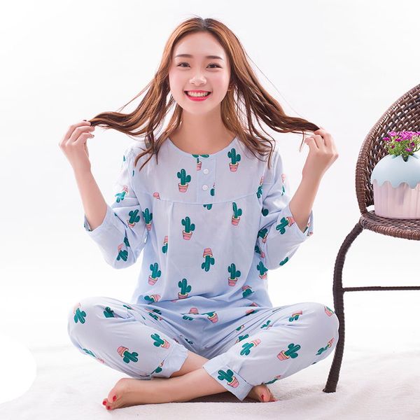 

2pcs/set,female spring summer underwear women's sleep lounge pajama sets mother ladies sleepwear pure cotton loose home clothing, Blue;gray