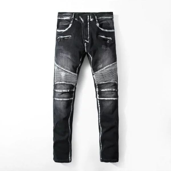 

mens pleated washed denim pants true brand jeans hommes slim long pants pocket design tr jeans mens black biker punk jeans, Blue