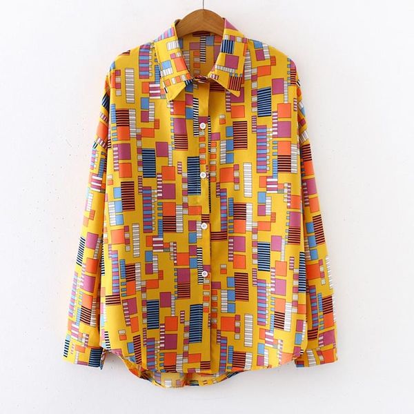 

roupa feminina female lady fashion women retro print long sleeve lapel casual shirt blouse women's shirt, White