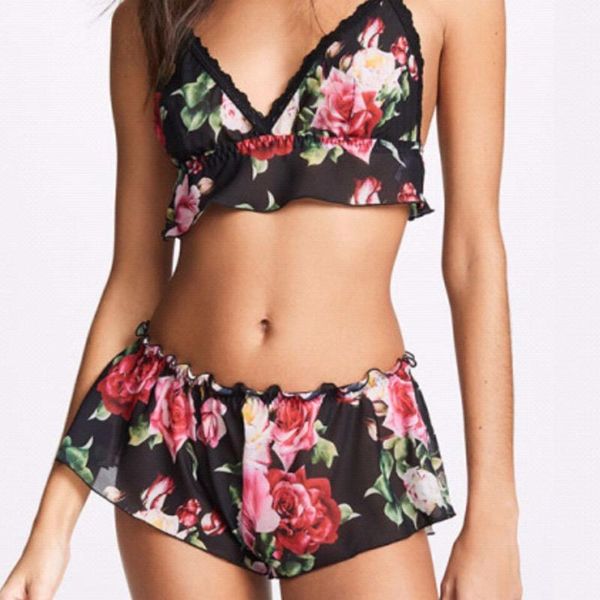 

qycolo new chiffon lace flower set pajamas strap two-piece underwear, Red;black