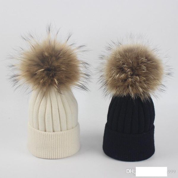 

baby beanies wool boys girls knitting hats real raccoon knitted hat fur pompom ball caps children hats kids warm beanie cap 10 colors, Blue;gray